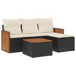 Salon de jardin 5 pcs avec coussins noir r&eacute;sine tress&eacute;e
