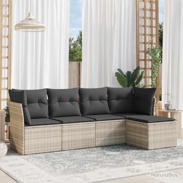 Salon de jardin 5 pcs avec coussins gris clair r�sine tress�e