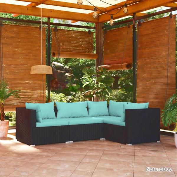 Salon de jardin 4 pcs avec coussins R�sine tress�e Noir