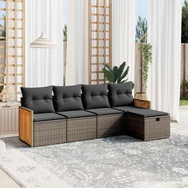 Salon de jardin 5 pcs avec coussins gris r�sine tress�e