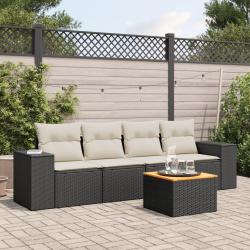 Salon de jardin 5 pcs avec coussins noir r&eacute;sine tress&eacute;e