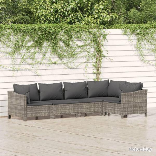 Salon de jardin 5 pcs avec coussins Gris R�sine tress�e