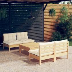 Salon de jardin 5 pcs avec coussins cr&egrave;me bois de pin