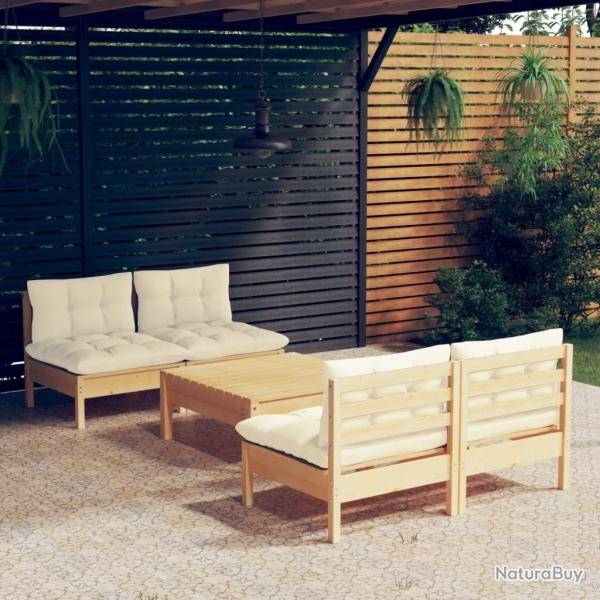Salon de jardin 5 pcs avec coussins cr�me bois de pin alsavelo