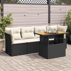 Salon de jardin 5 pcs avec coussins noir r&eacute;sine tress&eacute;e