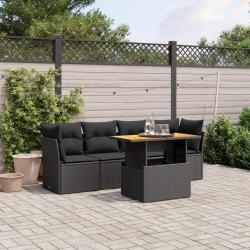 Salon de jardin 5 pcs avec coussins noir r&eacute;sine tress&eacute;e