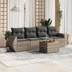 Salon de jardin 5 pcs avec coussins gris r&eacute;sine tress&eacute;e