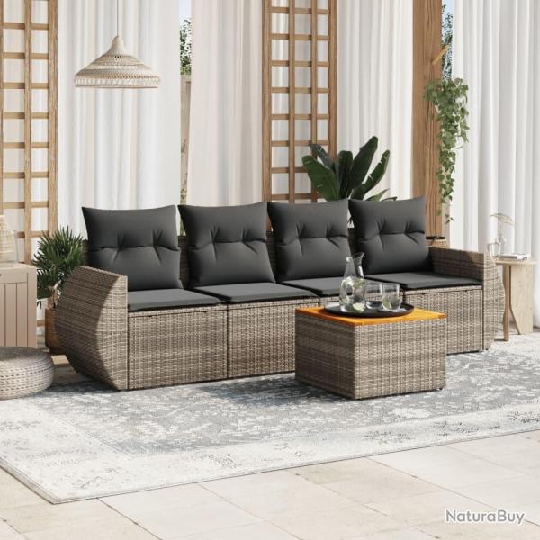 Salon de jardin 5 pcs avec coussins gris r�sine tress�e