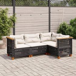 Salon de jardin 4 pcs avec coussins noir r&eacute;sine tress&eacute;e alsavelo