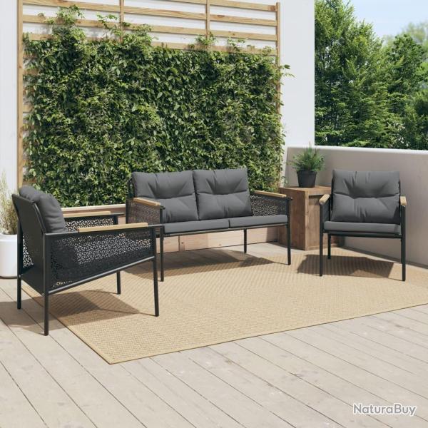 meubles de balcon avec coussins 3 pcs noir acier