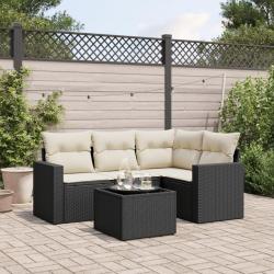 Salon de jardin 5 pcs avec coussins noir r&eacute;sine tress&eacute;e