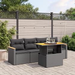 Salon de jardin 5 pcs avec coussins noir r&eacute;sine tress&eacute;e