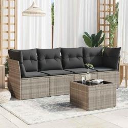 Salon de jardin 5 pcs avec coussins gris clair r&eacute;sine tress&eacute;e