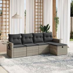 Salon de jardin 5 pcs avec coussins gris clair r&eacute;sine tress&eacute;e