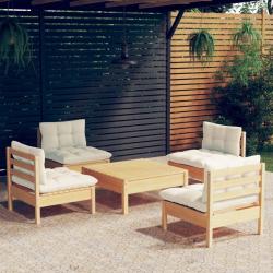 Salon de jardin 5 pcs avec coussins cr&egrave;me bois de pin alsavelo