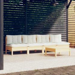 Salon de jardin 5 pcs avec coussins cr&egrave;me bois de pin