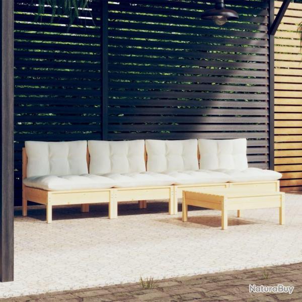 Salon de jardin 5 pcs avec coussins cr�me bois de pin