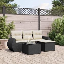 Salon de jardin 5 pcs avec coussins noir r&eacute;sine tress&eacute;e