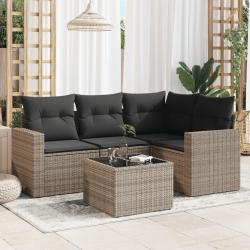 Salon de jardin 5 pcs avec coussins gris r&eacute;sine tress&eacute;e