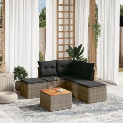 Salon de jardin 6 pcs avec coussins gris r&eacute;sine tress&eacute;e