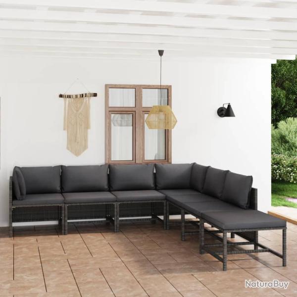 Salon de jardin 7 pcs avec coussins R�sine tress�e Gris