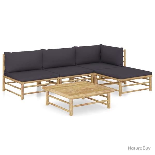 Salon de jardin 5 pcs avec coussins gris fonc� bambou