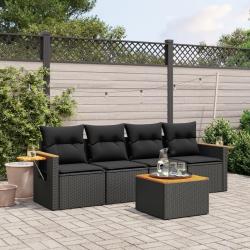 Salon de jardin 5 pcs avec coussins noir r&eacute;sine tress&eacute;e