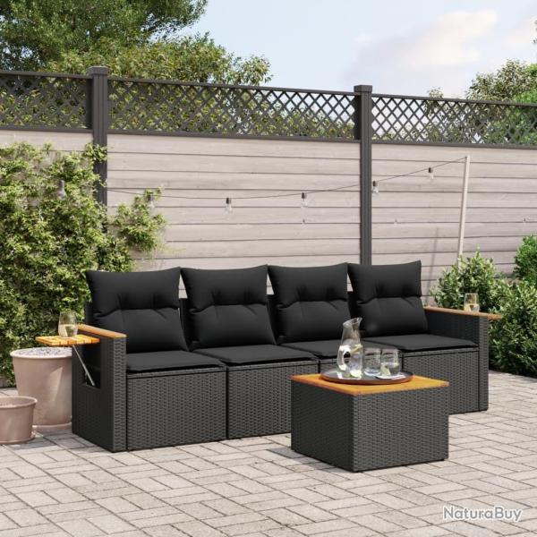 Salon de jardin 5 pcs avec coussins noir r�sine tress�e