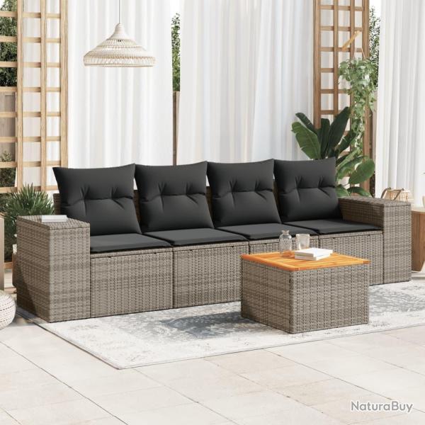 Salon de jardin 5 pcs avec coussins gris r�sine tress�e