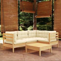 Salon de jardin 5 pcs avec coussins cr&egrave;me bois de pin