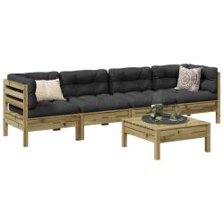 Salon de jardin 5 pcs avec coussins bois de pin impr&eacute;gn&eacute;