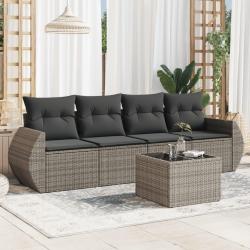 Salon de jardin 5 pcs avec coussins gris r&eacute;sine tress&eacute;e