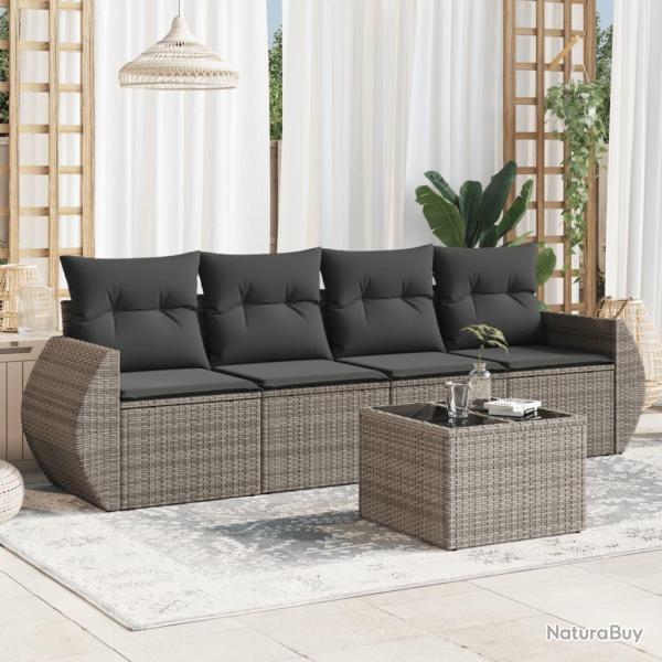 Salon de jardin 5 pcs avec coussins gris r�sine tress�e