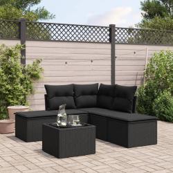 Salon de jardin 6 pcs avec coussins noir r&eacute;sine tress&eacute;e