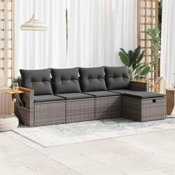 Salon de jardin 5 pcs avec coussins gris r&eacute;sine tress&eacute;e