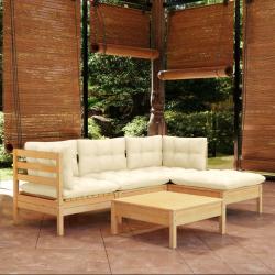 Salon de jardin 5 pcs avec coussins cr&egrave;me bois de pin