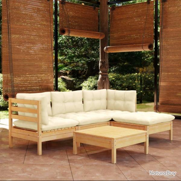 Salon de jardin 5 pcs avec coussins cr�me bois de pin alsavelo