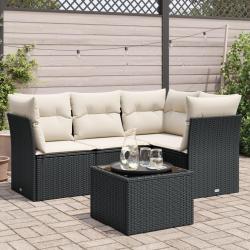 Salon de jardin 5 pcs avec coussins noir r&eacute;sine tress&eacute;e