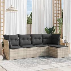 Salon de jardin 5 pcs avec coussins gris clair r&eacute;sine tress&eacute;e