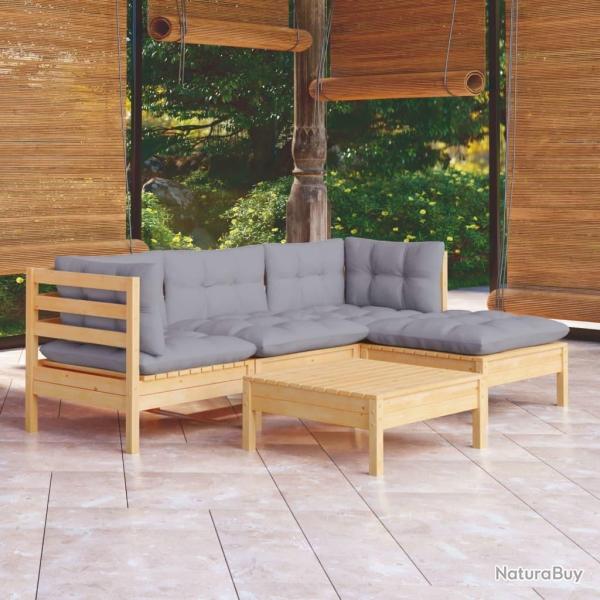 Salon de jardin 5 pcs avec coussins gris bois de pin alsavelo
