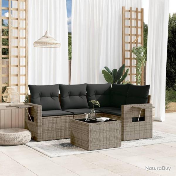 Salon de jardin 5 pcs avec coussins gris r�sine tress�e