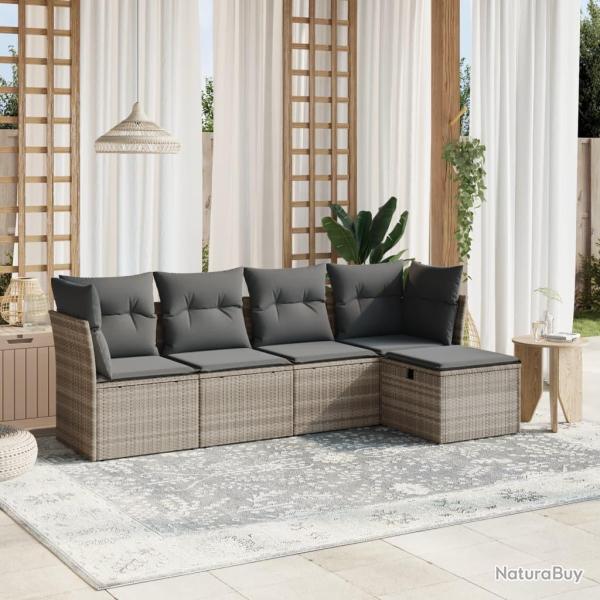 Salon de jardin 5 pcs avec coussins gris clair r�sine tress�e