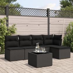 Salon de jardin 6 pcs avec coussins noir r&eacute;sine tress&eacute;e