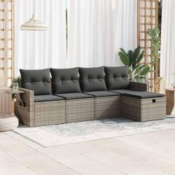 Salon de jardin 5 pcs avec coussins gris r&eacute;sine tress&eacute;e