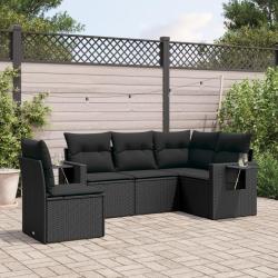 Salon de jardin 5 pcs avec coussins noir r&eacute;sine tress&eacute;e