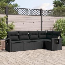 Salon de jardin 5 pcs avec coussins noir r&eacute;sine tress&eacute;e