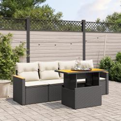 Salon de jardin 5 pcs avec coussins noir r&eacute;sine tress&eacute;e