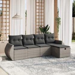 Salon de jardin 5 pcs avec coussins gris r&eacute;sine tress&eacute;e