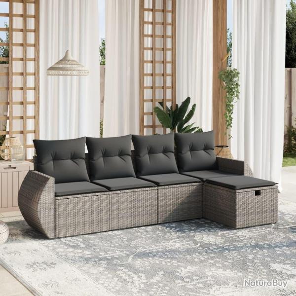 Salon de jardin 5 pcs avec coussins gris r�sine tress�e alsavelo