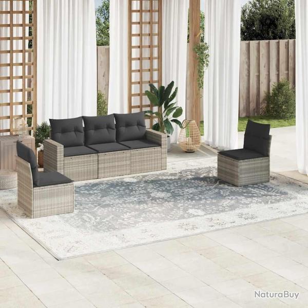 Salon de jardin 5 pcs avec coussins gris clair r�sine tress�e